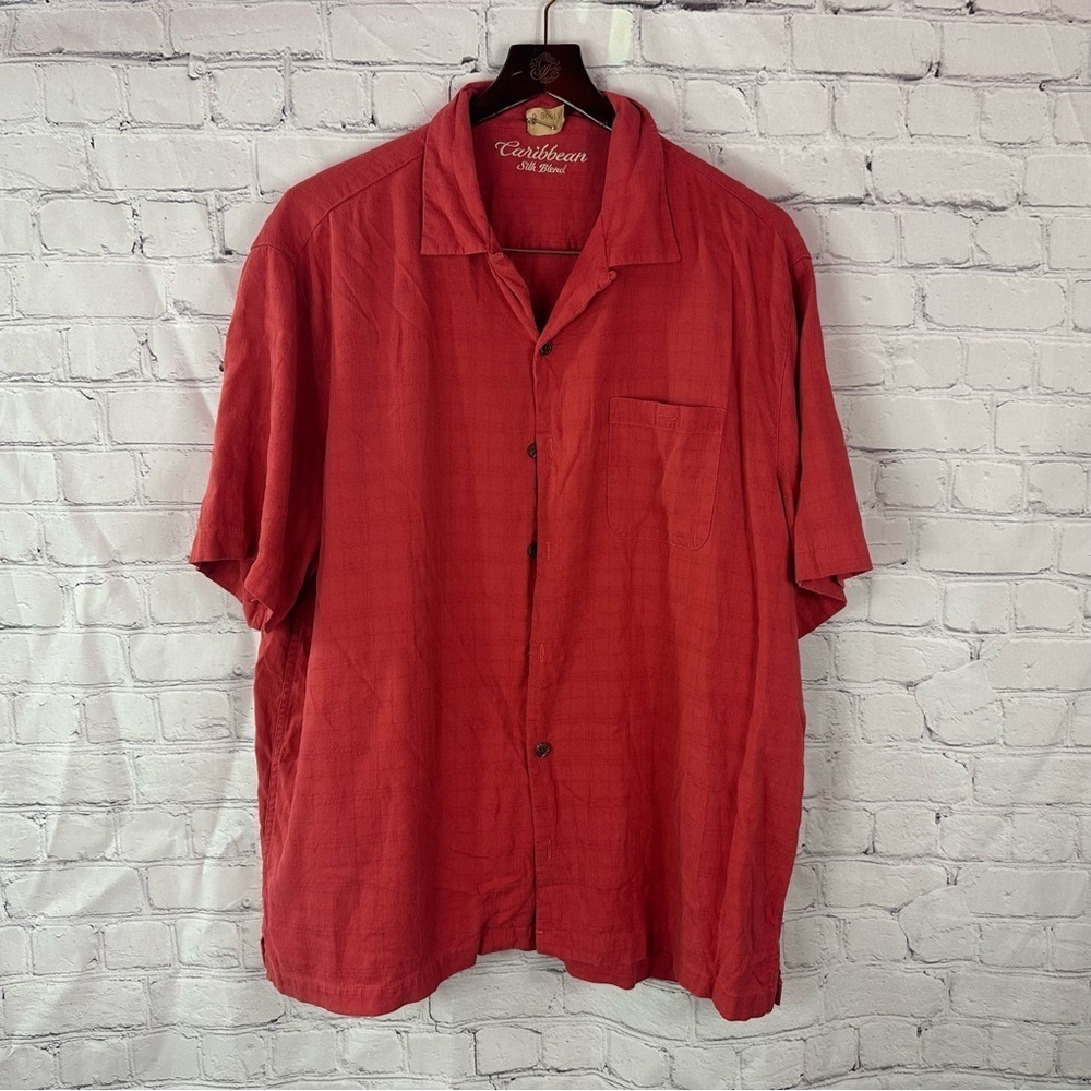Caribbean silk blend Men's Red Casual Shirt hawaiian camp tropical island sz XL
